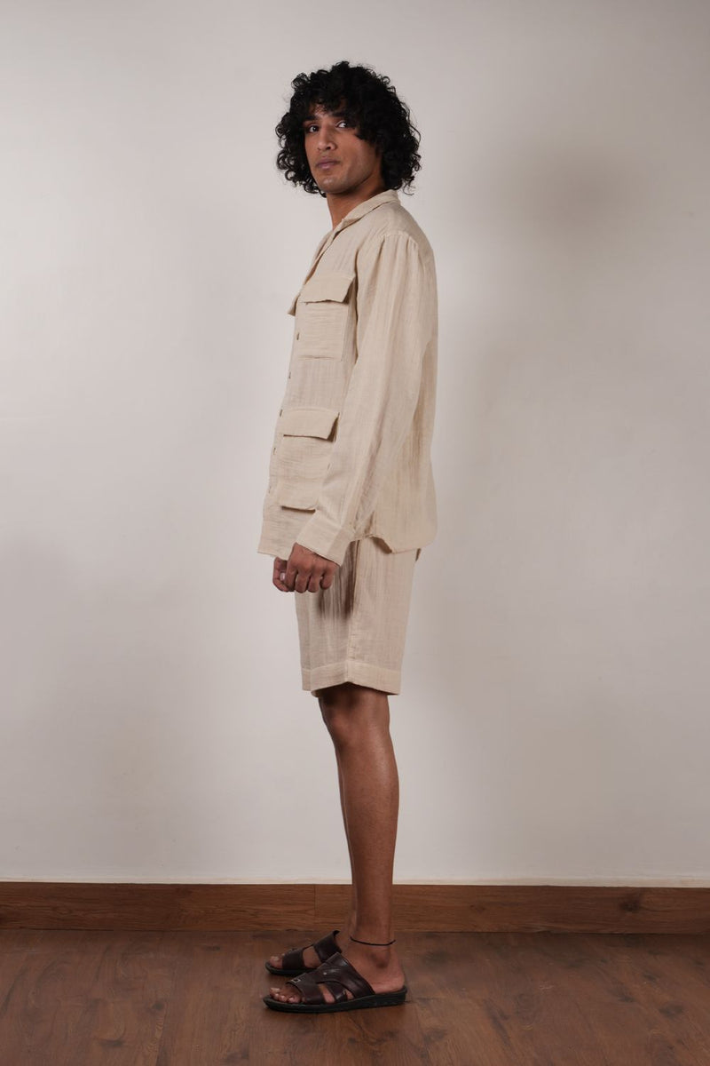 Men's Cream Crush Cotton Pocket Shirt & Shorts Set (2 PCS)