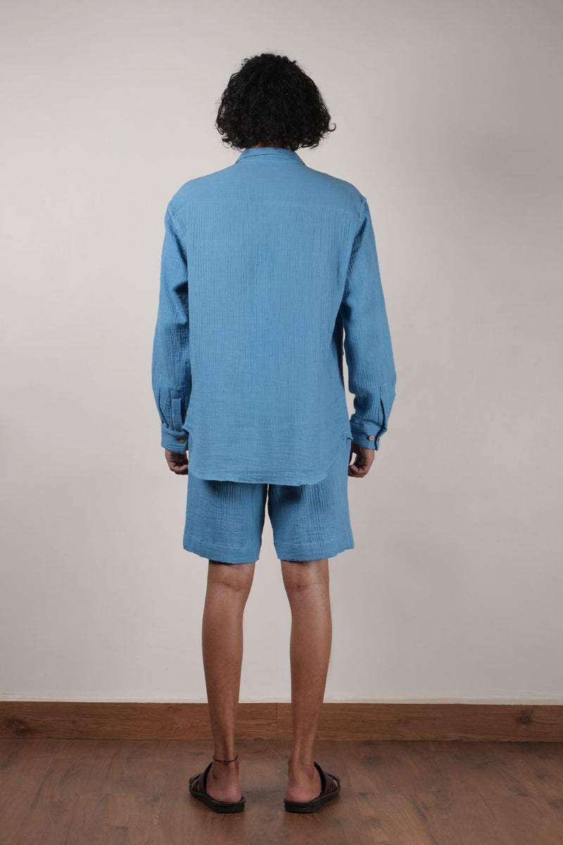 Men's Crush Cotton Blue Shawl Jacket