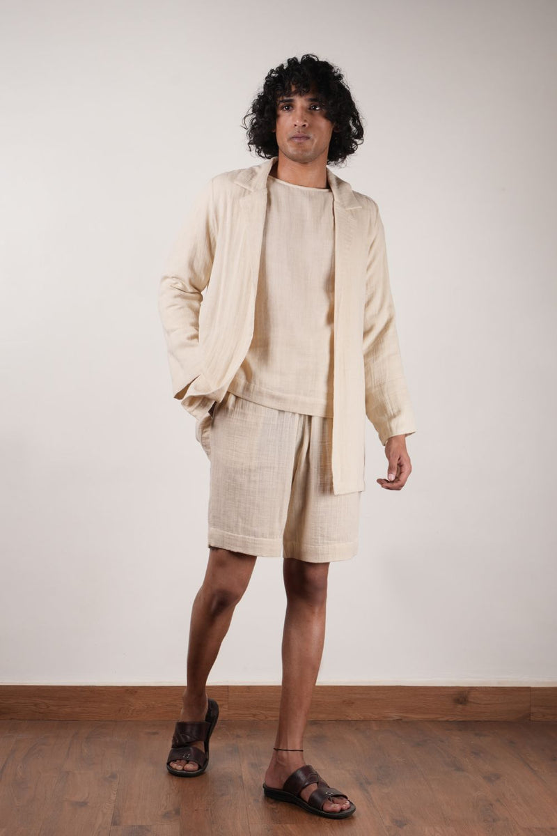 Men's Crush Cotton Cream Shawl Jacket