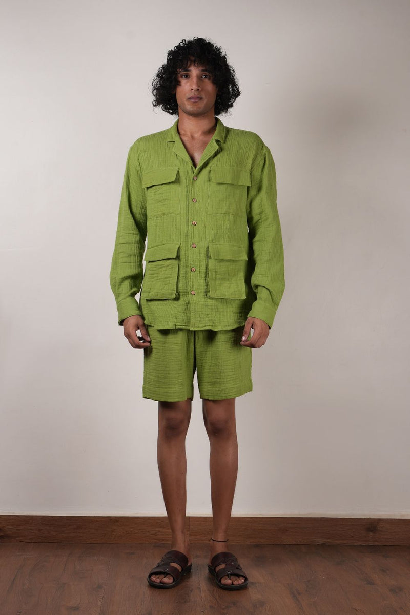 Men's Green Crush Cotton Pocket Shirt & Shorts Set (2 Pcs)