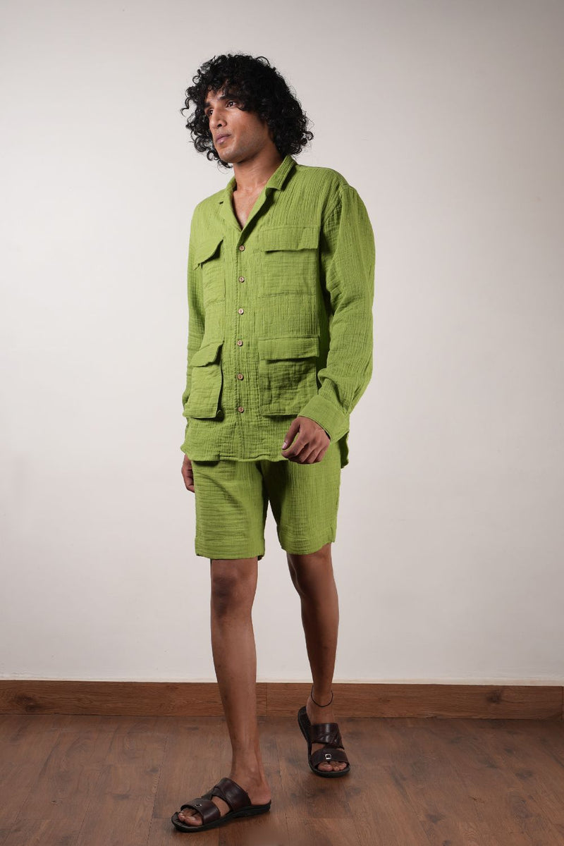 Men's Green Crush Cotton Pocket Shirt & Shorts Set (2 Pcs)