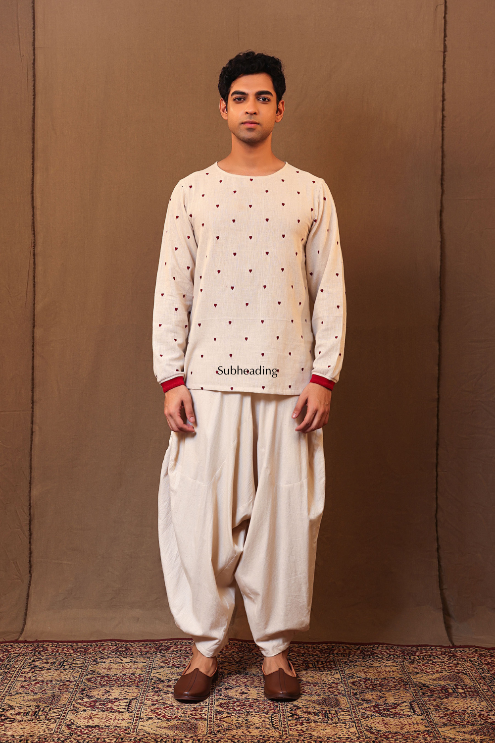 Off-White Heart EMB Kurta Baggy Set (2 PCS)