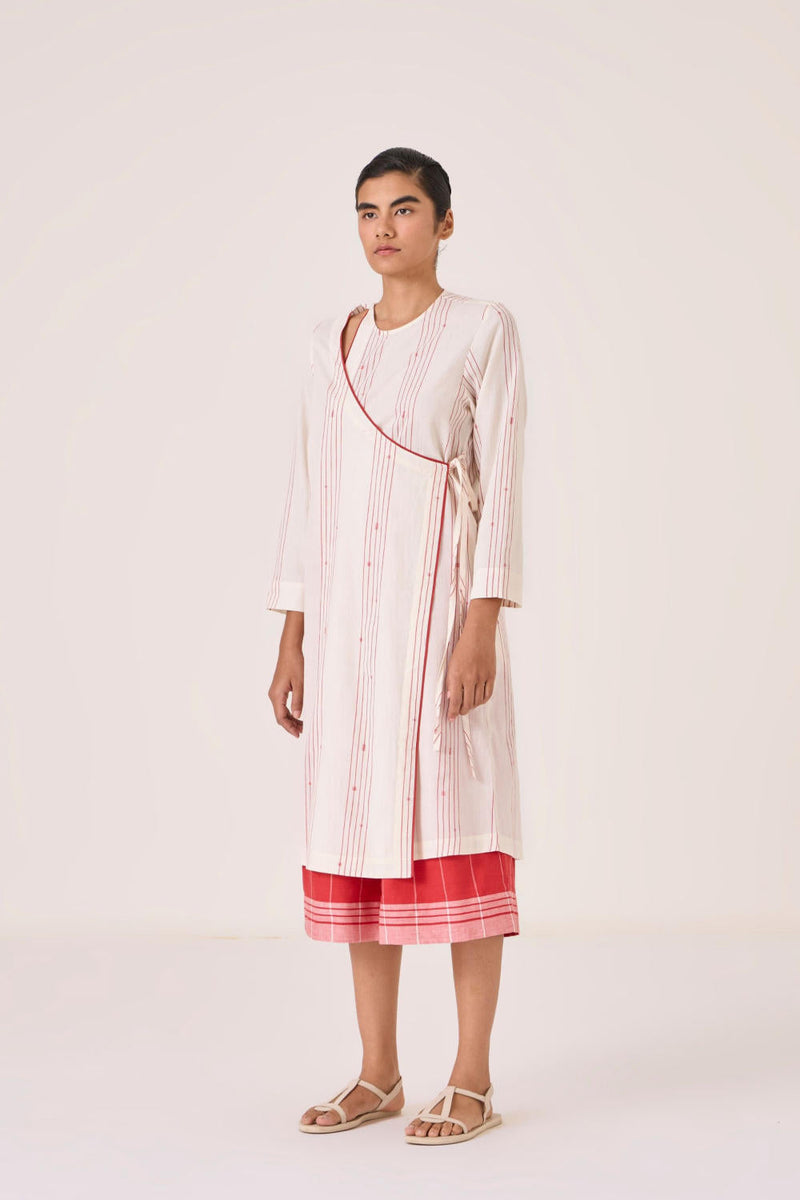 Milovat Red Stripe Wrap Tunic cotton by The Summer House in red color for women Worldwide