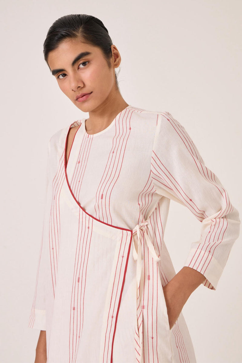 Milovat Red Stripe Wrap Tunic cotton by The Summer House in red color for women Worldwide