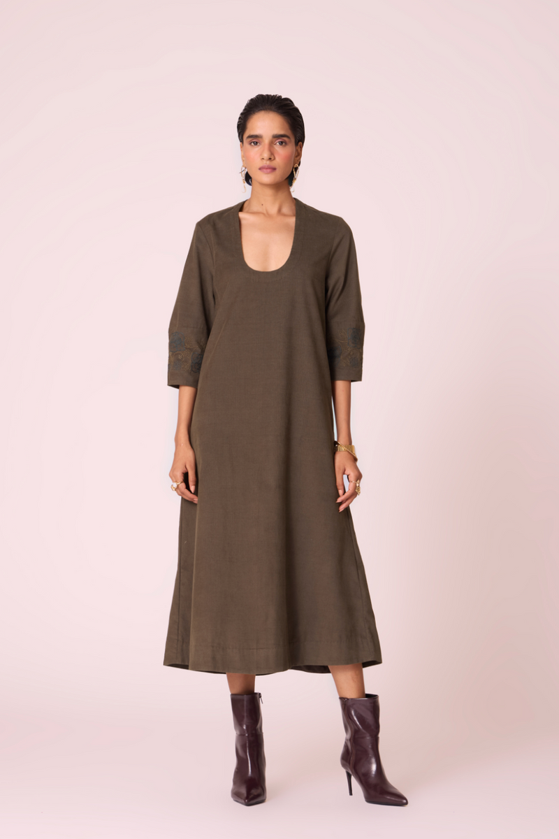Mir Olive Needlecord Embroidered Dress cotton by The Summer House in olive color for women Worldwide