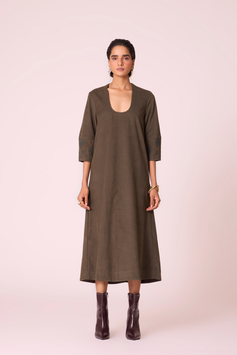 Mir Olive Needlecord Embroidered Dress cotton by The Summer House in olive color for women Worldwide