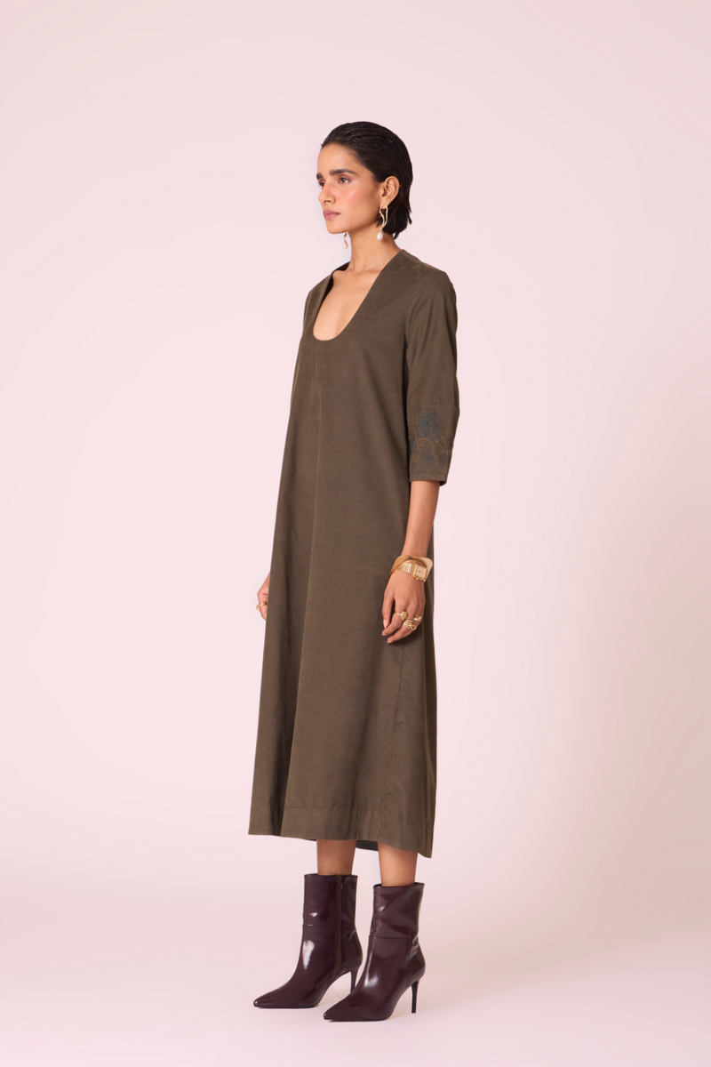 Mir Olive Needlecord Embroidered Dress cotton by The Summer House in olive color for women Worldwide
