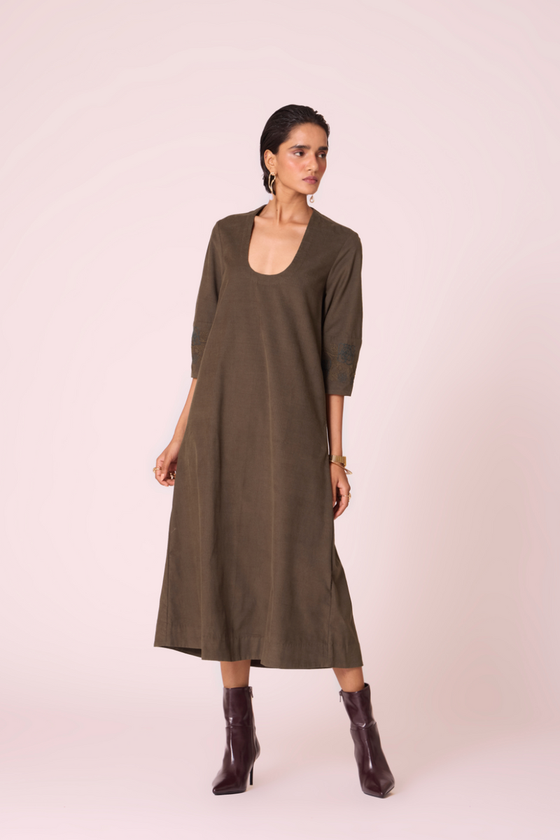 Mir Olive Needlecord Embroidered Dress cotton by The Summer House in olive color for women Worldwide