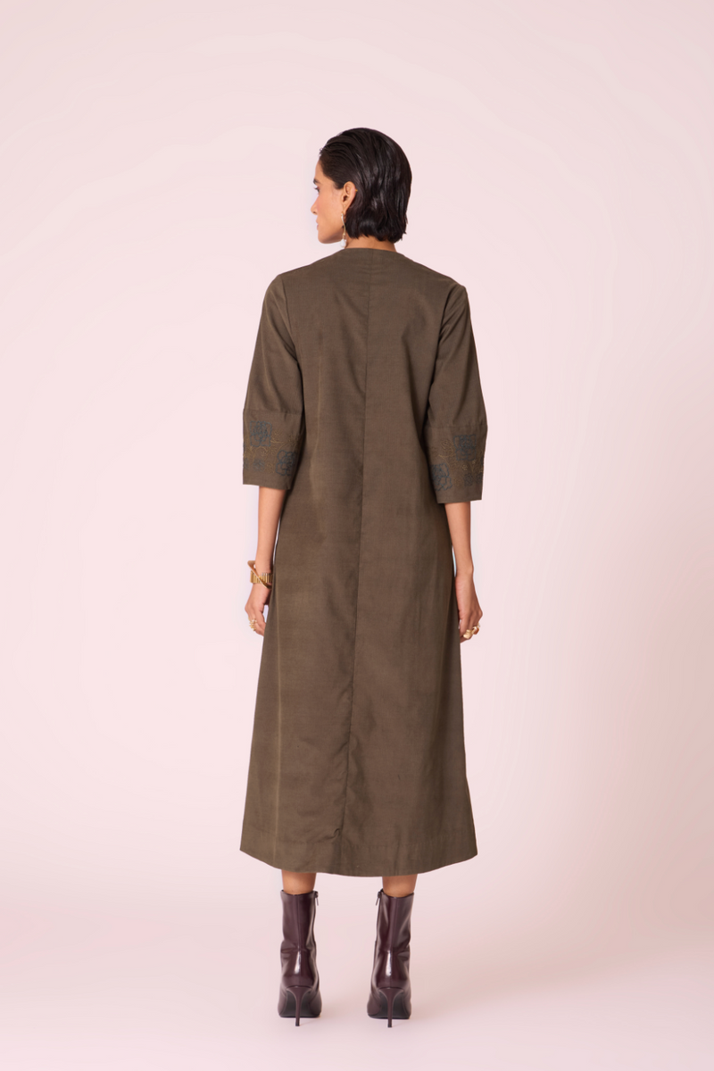 Mir Olive Needlecord Embroidered Dress cotton by The Summer House in olive color for women Worldwide