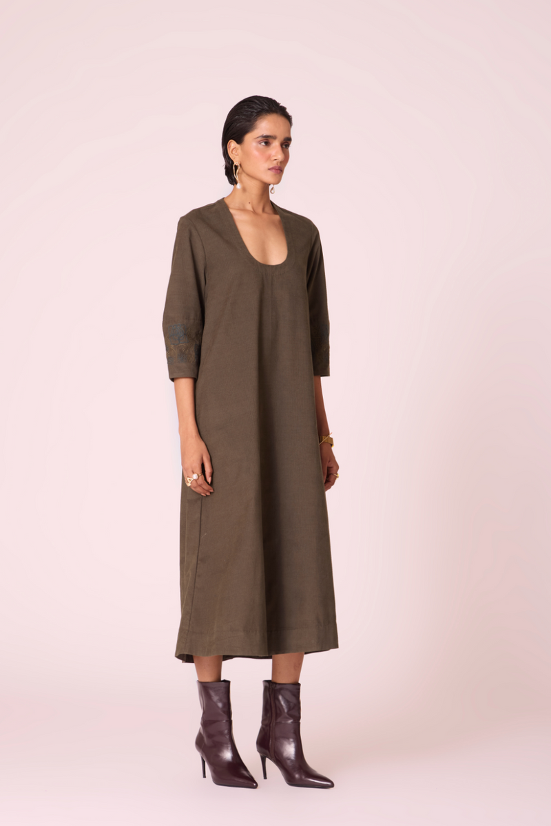Mir Olive Needlecord Embroidered Dress cotton by The Summer House in olive color for women Worldwide