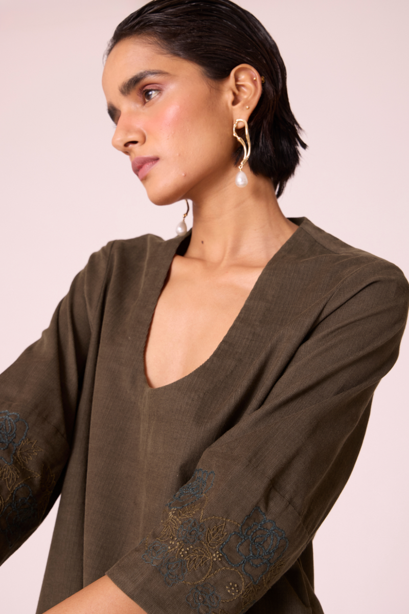 Mir Olive Needlecord Embroidered Dress cotton by The Summer House in olive color for women Worldwide