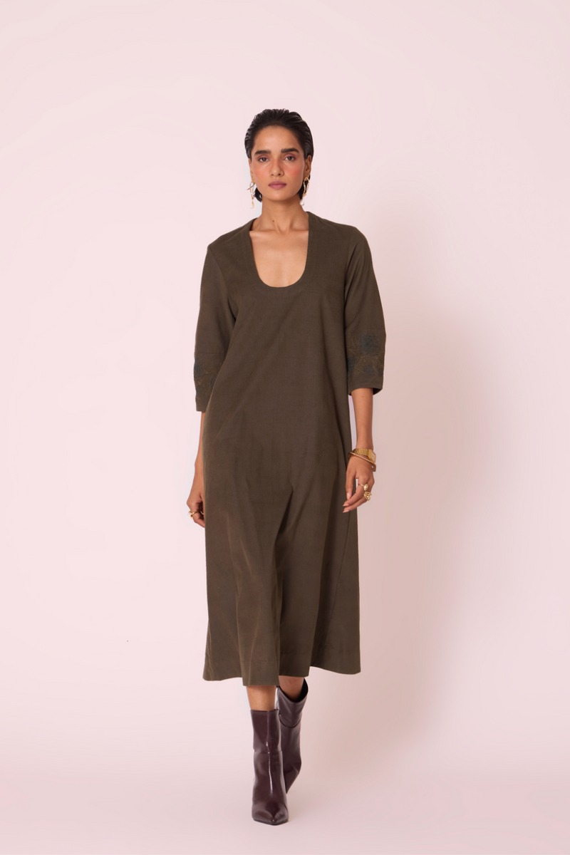 Mir Olive Needlecord Embroidered Dress cotton by The Summer House in olive color for women Worldwide
