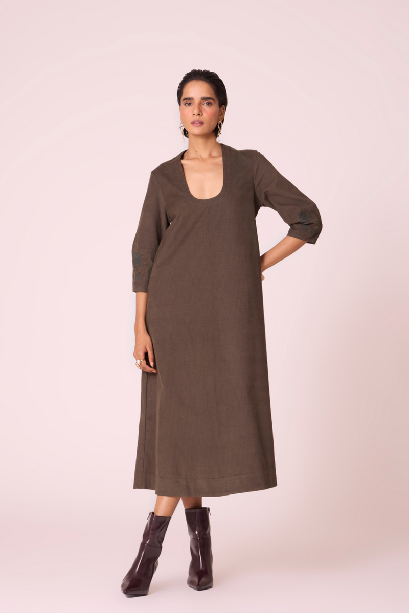 Mir Olive Needlecord Embroidered Dress cotton by The Summer House in olive color for women Worldwide