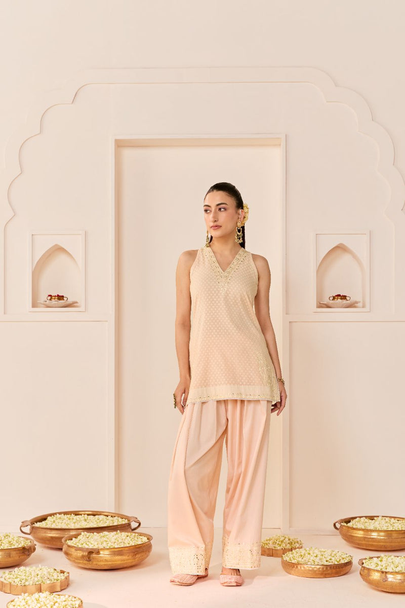 MIRAL - CARNATION PINK SHORT KURTA WITH FARSI SALWAR chanderi silk kurta/kurta set by SHEETAL BATRA in carnation pink for women Worldwide