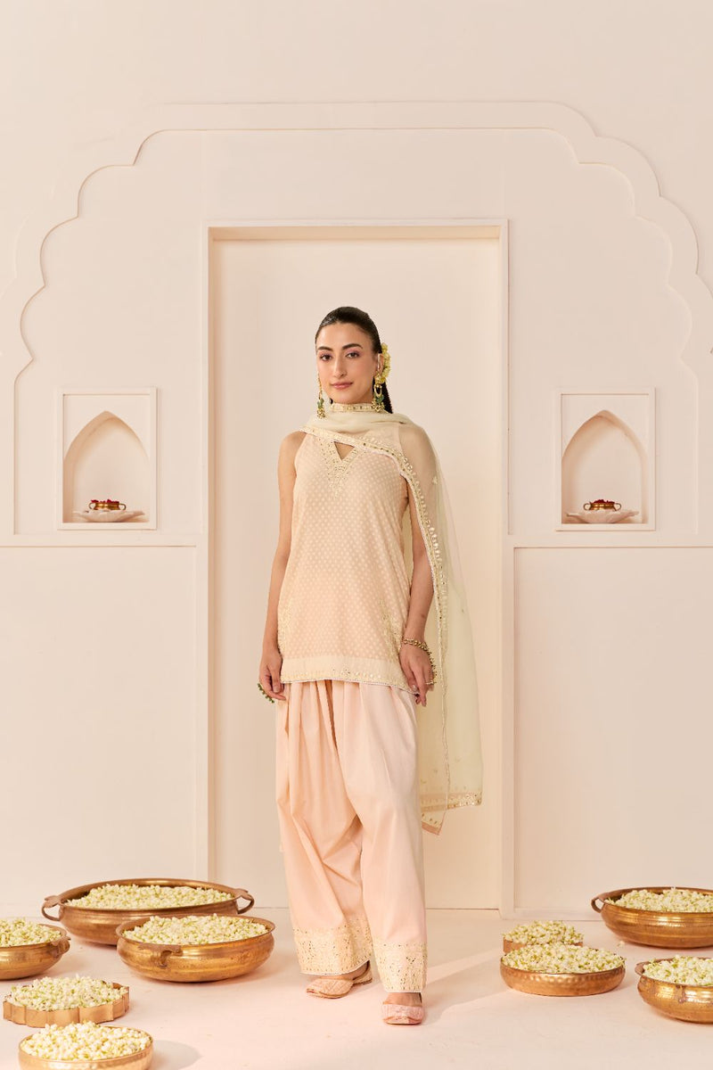 MIRAL - CARNATION PINK SHORT KURTA WITH FARSI SALWAR chanderi silk kurta/kurta set by SHEETAL BATRA in carnation pink for women Worldwide