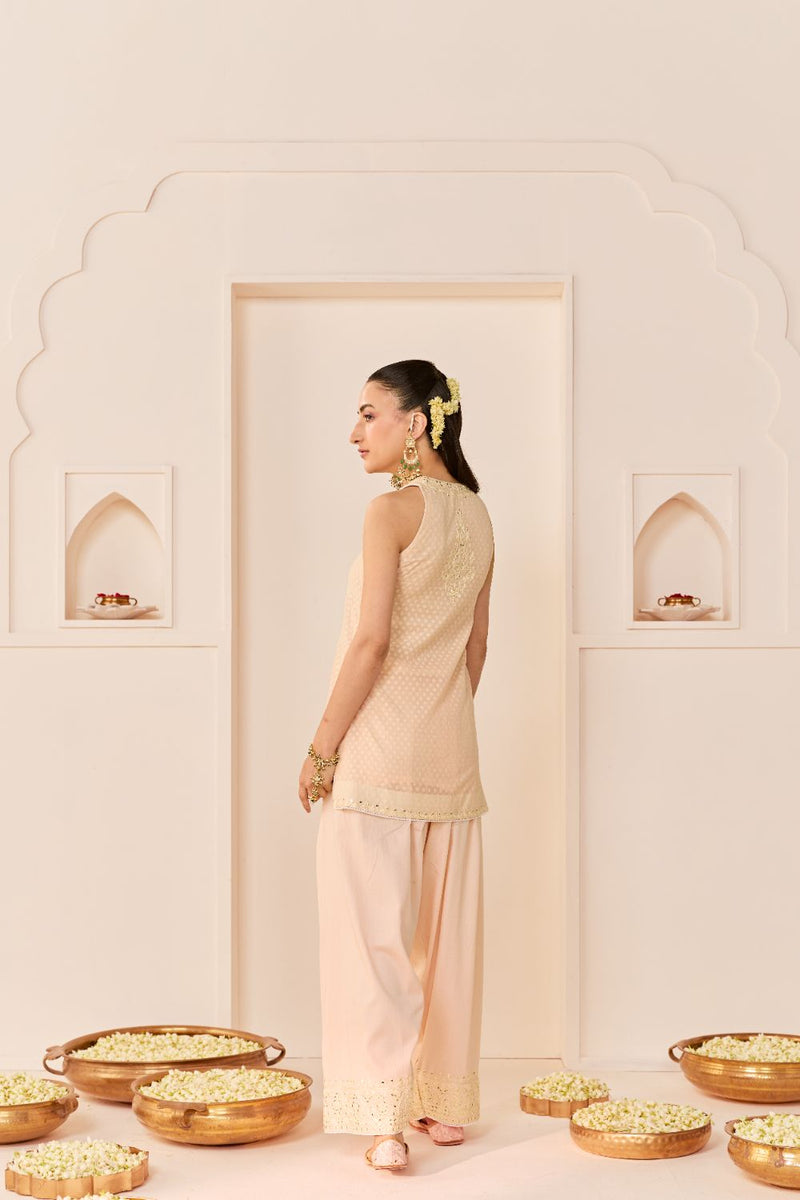 MIRAL - CARNATION PINK SHORT KURTA WITH FARSI SALWAR chanderi silk kurta/kurta set by SHEETAL BATRA in carnation pink for women Worldwide