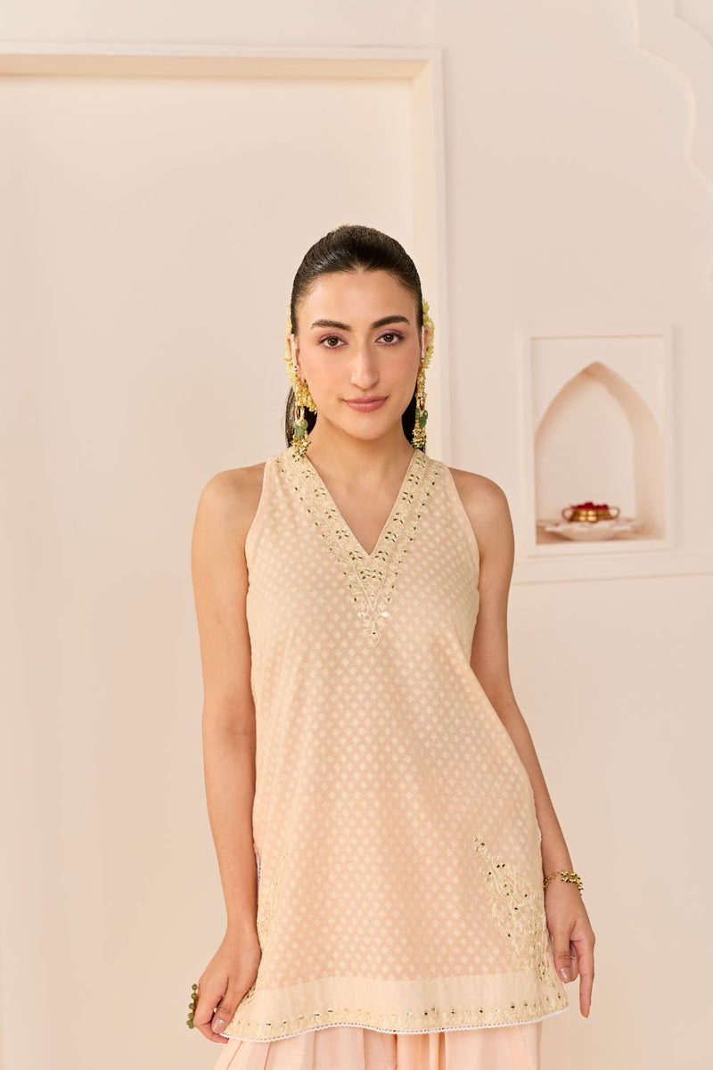 MIRAL - CARNATION PINK SHORT KURTA WITH FARSI SALWAR chanderi silk kurta/kurta set by SHEETAL BATRA in carnation pink for women Worldwide