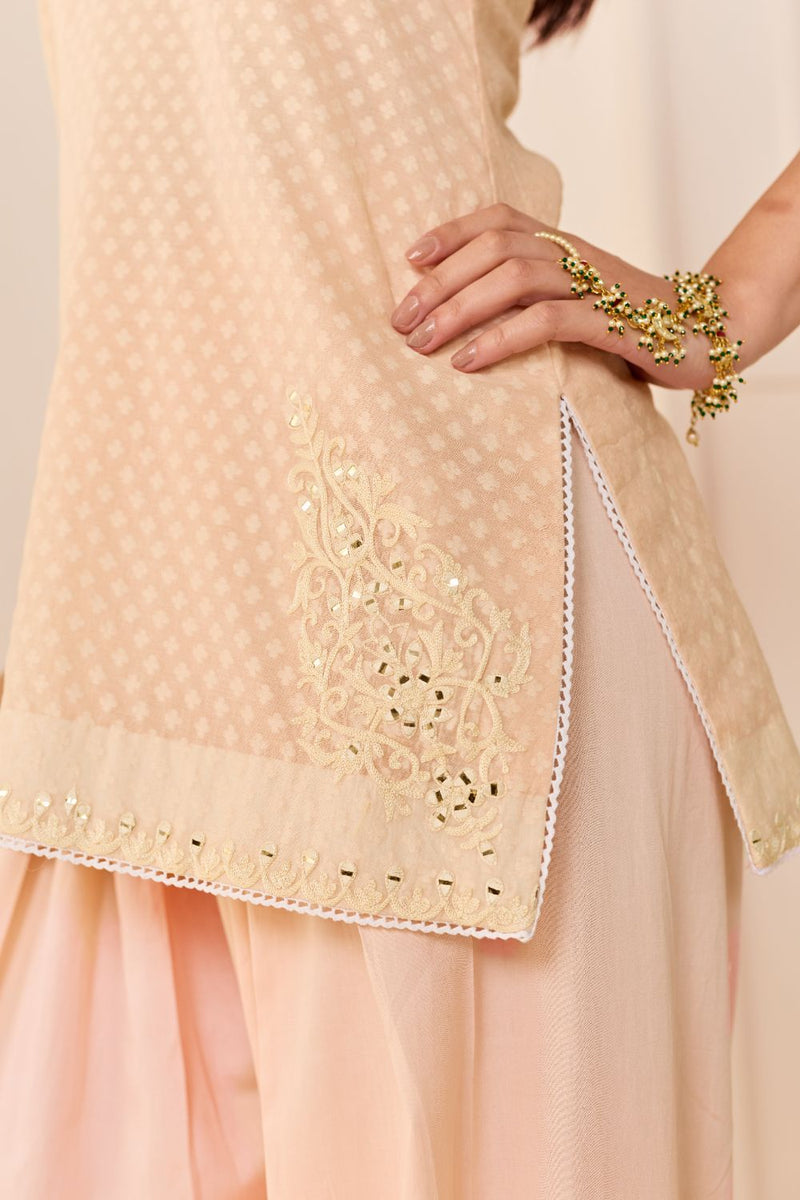 MIRAL - CARNATION PINK SHORT KURTA WITH FARSI SALWAR chanderi silk kurta/kurta set by SHEETAL BATRA in carnation pink for women Worldwide