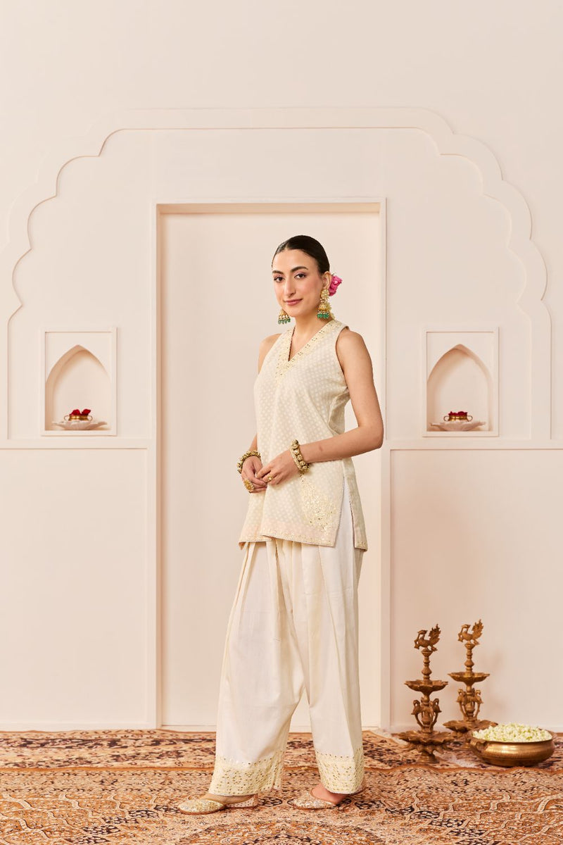 MIRAL - DAISY IVORY SHORT KURTA WITH FARSI SALWAR chanderi silk kurta/kurta set by SHEETAL BATRA in daisy ivory for women Worldwide