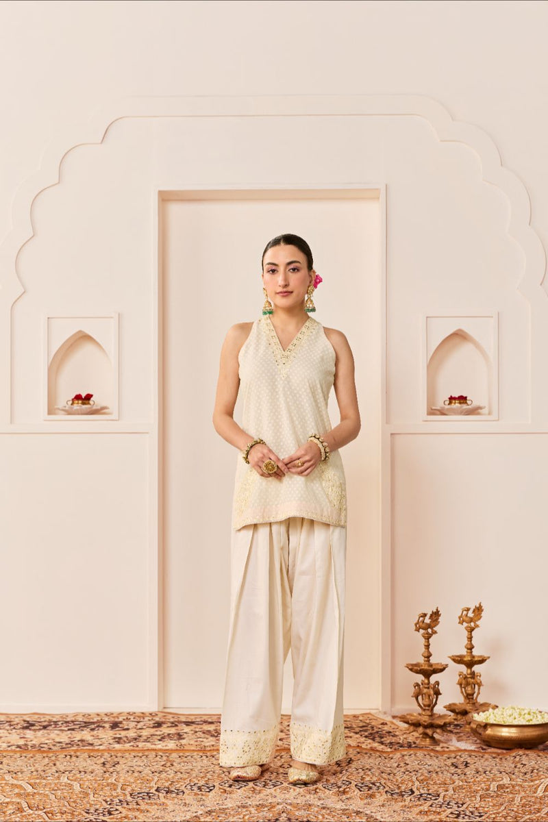 MIRAL - DAISY IVORY SHORT KURTA WITH FARSI SALWAR chanderi silk kurta/kurta set by SHEETAL BATRA in daisy ivory for women Worldwide