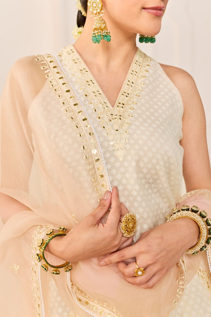 MIRAL - DAISY IVORY SHORT KURTA WITH FARSI SALWAR chanderi silk kurta/kurta set by SHEETAL BATRA in daisy ivory for women Worldwide
