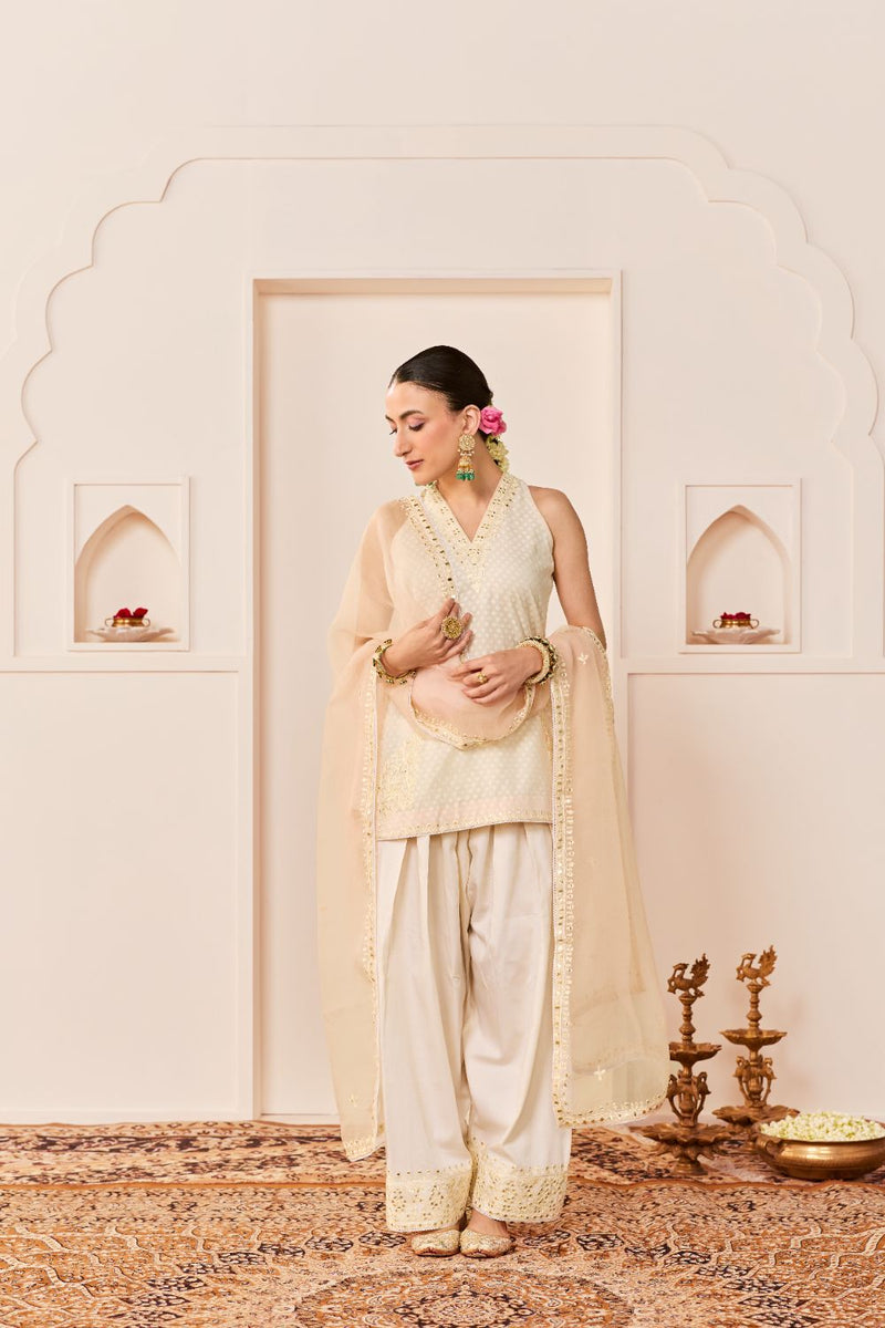 MIRAL - DAISY IVORY SHORT KURTA WITH FARSI SALWAR chanderi silk kurta/kurta set by SHEETAL BATRA in daisy ivory for women Worldwide