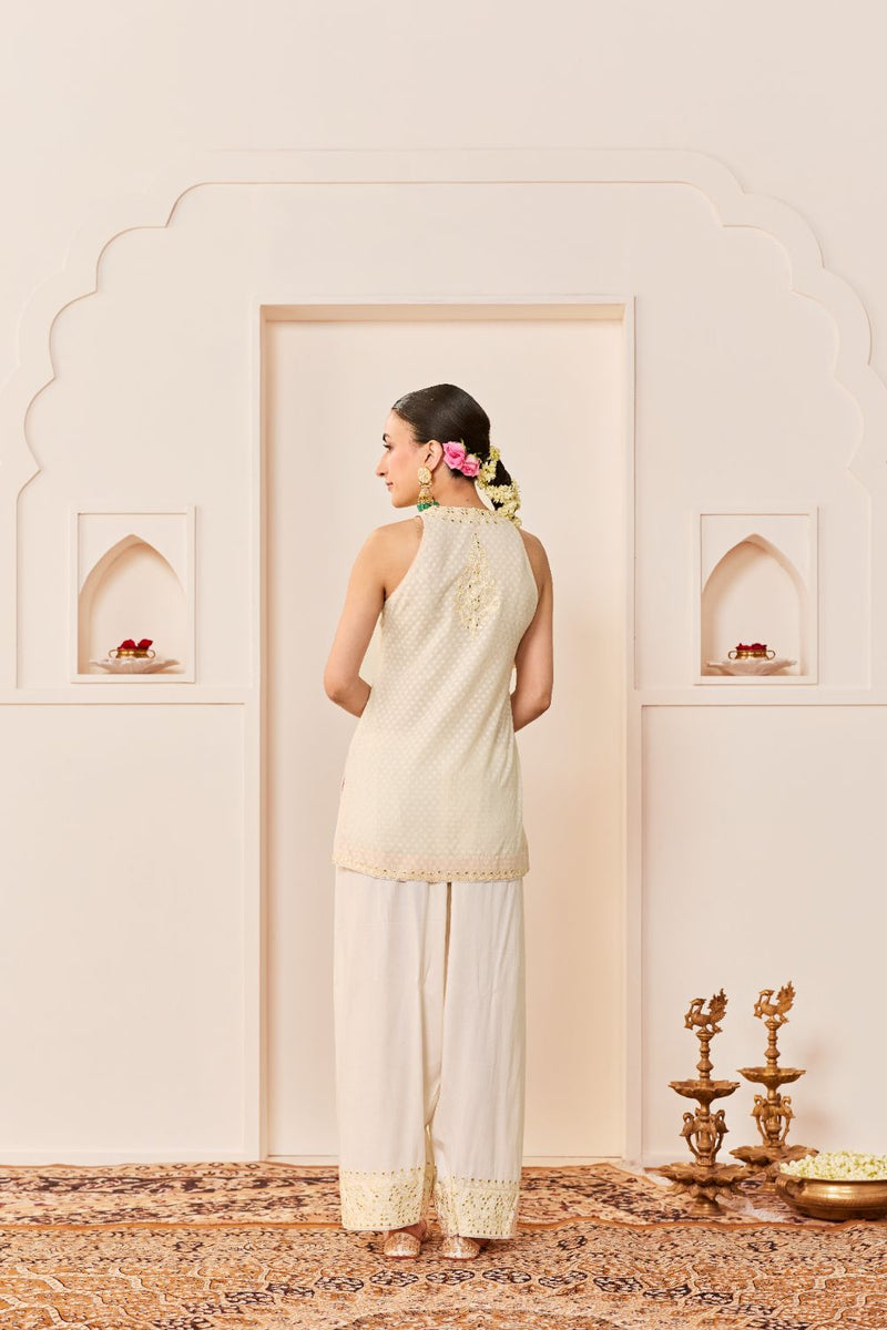 MIRAL - DAISY IVORY SHORT KURTA WITH FARSI SALWAR chanderi silk kurta/kurta set by SHEETAL BATRA in daisy ivory for women Worldwide