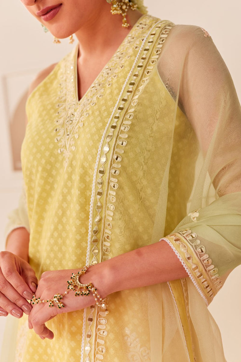 MIRAL - LEMON YELLOW SHORT KURTA WITH FARSI SALWAR chanderi silk kurta/kurta set by SHEETAL BATRA in lemon yellow for women Worldwide