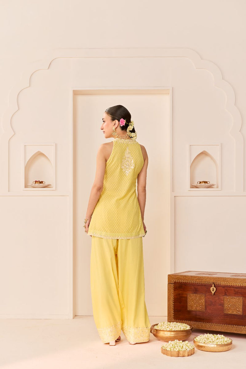 MIRAL - LEMON YELLOW SHORT KURTA WITH FARSI SALWAR chanderi silk kurta/kurta set by SHEETAL BATRA in lemon yellow for women Worldwide