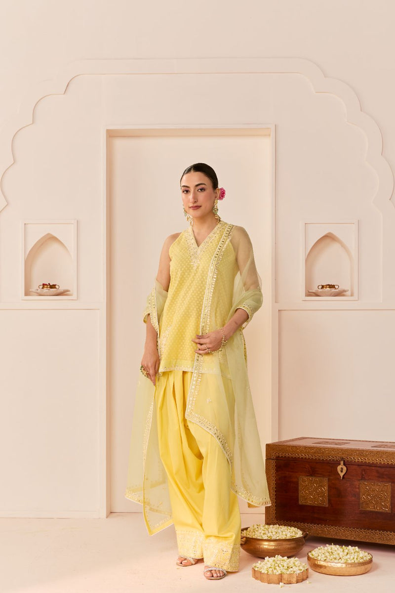 MIRAL - LEMON YELLOW SHORT KURTA WITH FARSI SALWAR chanderi silk kurta/kurta set by SHEETAL BATRA in lemon yellow for women Worldwide