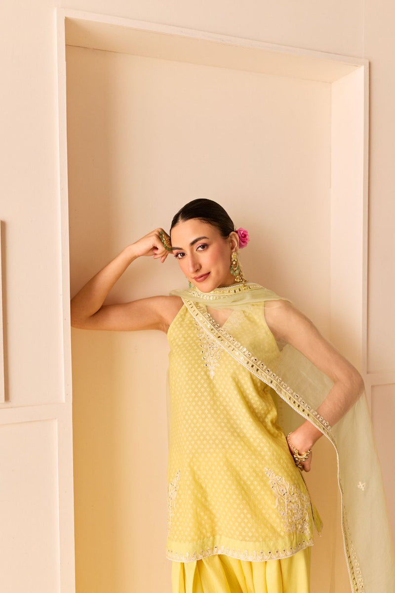 MIRAL - LEMON YELLOW SHORT KURTA WITH FARSI SALWAR chanderi silk kurta/kurta set by SHEETAL BATRA in lemon yellow for women Worldwide