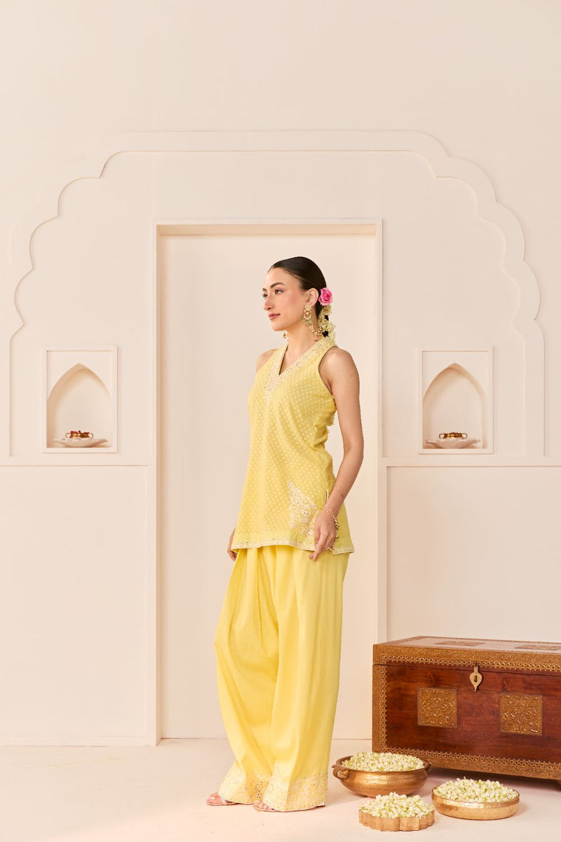 MIRAL - LEMON YELLOW SHORT KURTA WITH FARSI SALWAR chanderi silk kurta/kurta set by SHEETAL BATRA in lemon yellow for women Worldwide