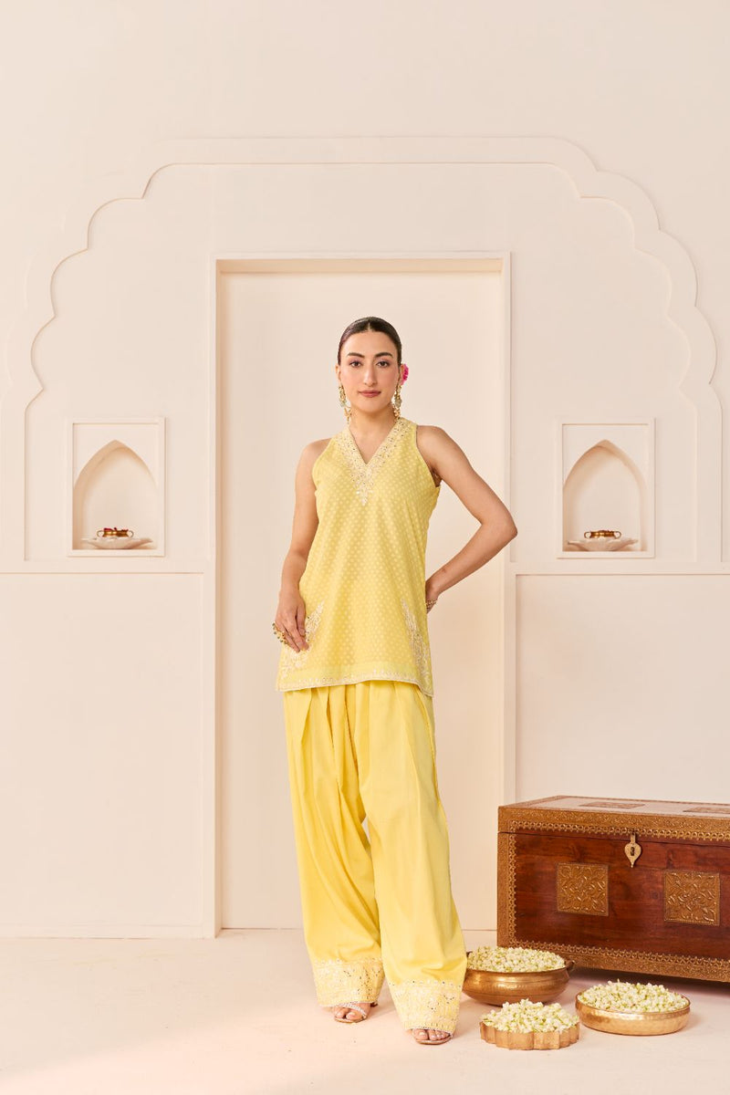 MIRAL - LEMON YELLOW SHORT KURTA WITH FARSI SALWAR chanderi silk kurta/kurta set by SHEETAL BATRA in lemon yellow for women Worldwide