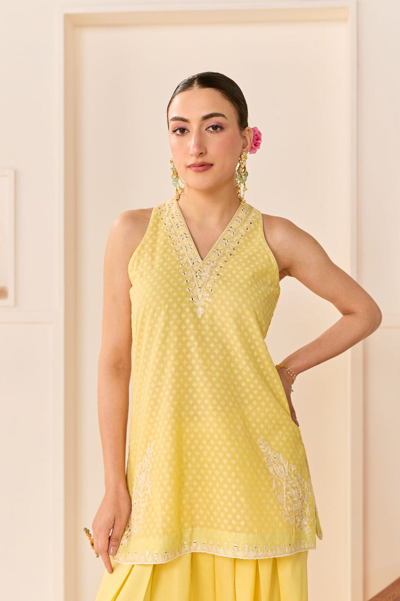 MIRAL - LEMON YELLOW SHORT KURTA WITH FARSI SALWAR chanderi silk kurta/kurta set by SHEETAL BATRA in lemon yellow for women Worldwide