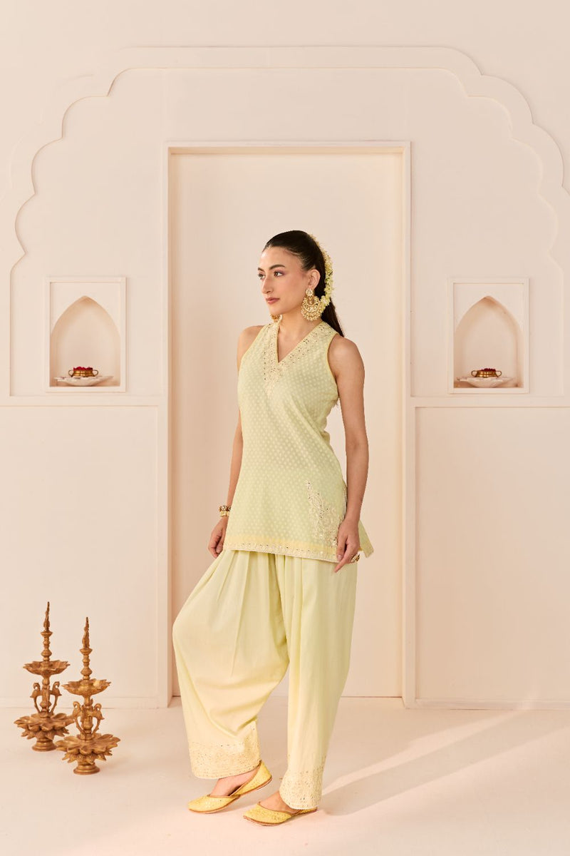 MIRAL - MINT GREEN SHORT KURTA WITH FARSI SALWAR chanderi silk kurta/kurta set by SHEETAL BATRA in mint green with lemon yellow for women Worldwide