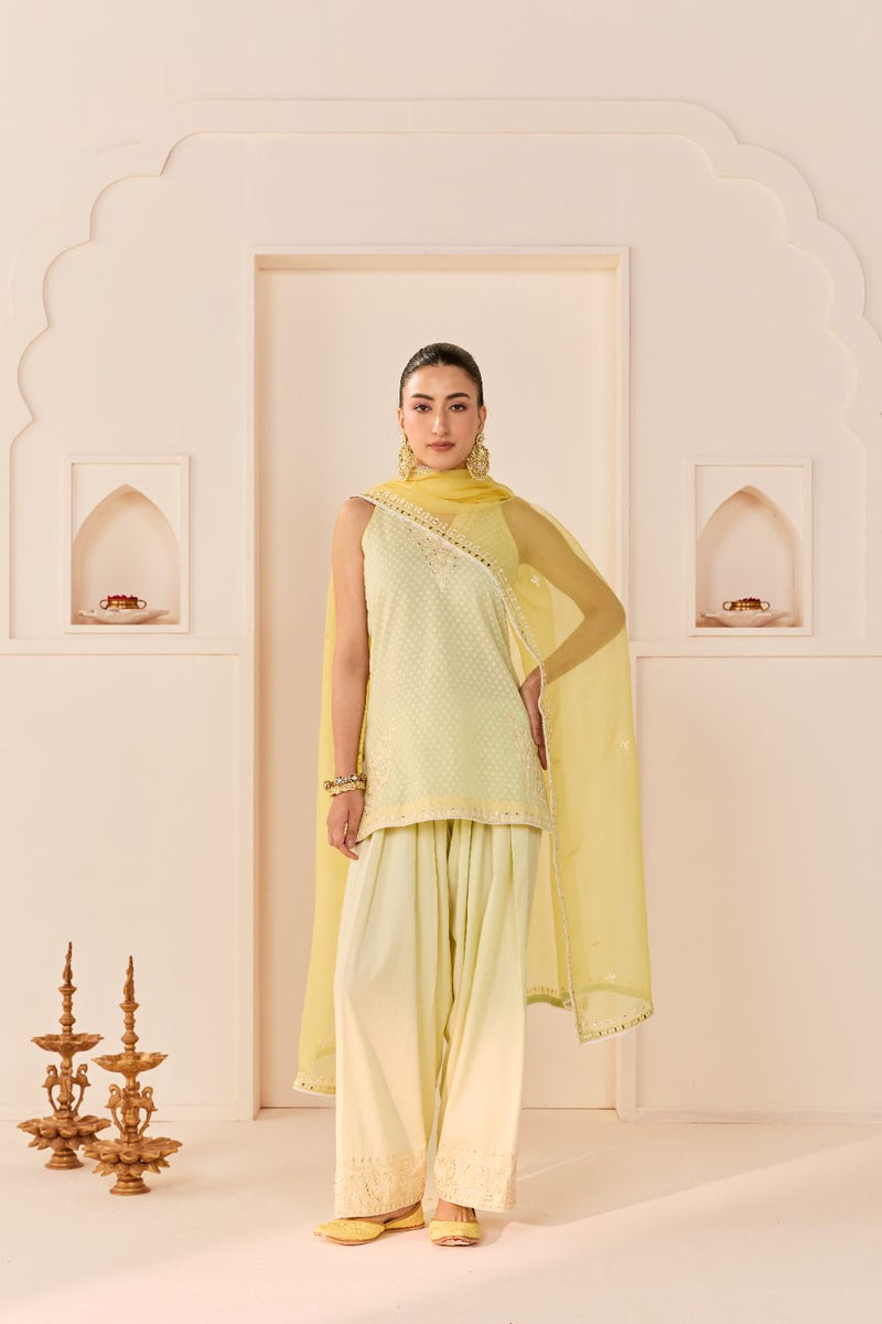MIRAL - MINT GREEN SHORT KURTA WITH FARSI SALWAR chanderi silk kurta/kurta set by SHEETAL BATRA in mint green with lemon yellow for women Worldwide