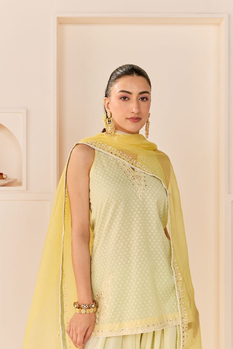 MIRAL - MINT GREEN SHORT KURTA WITH FARSI SALWAR chanderi silk kurta/kurta set by SHEETAL BATRA in mint green with lemon yellow for women Worldwide