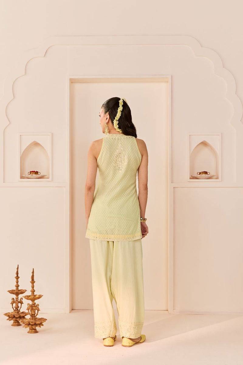 MIRAL - MINT GREEN SHORT KURTA WITH FARSI SALWAR chanderi silk kurta/kurta set by SHEETAL BATRA in mint green with lemon yellow for women Worldwide