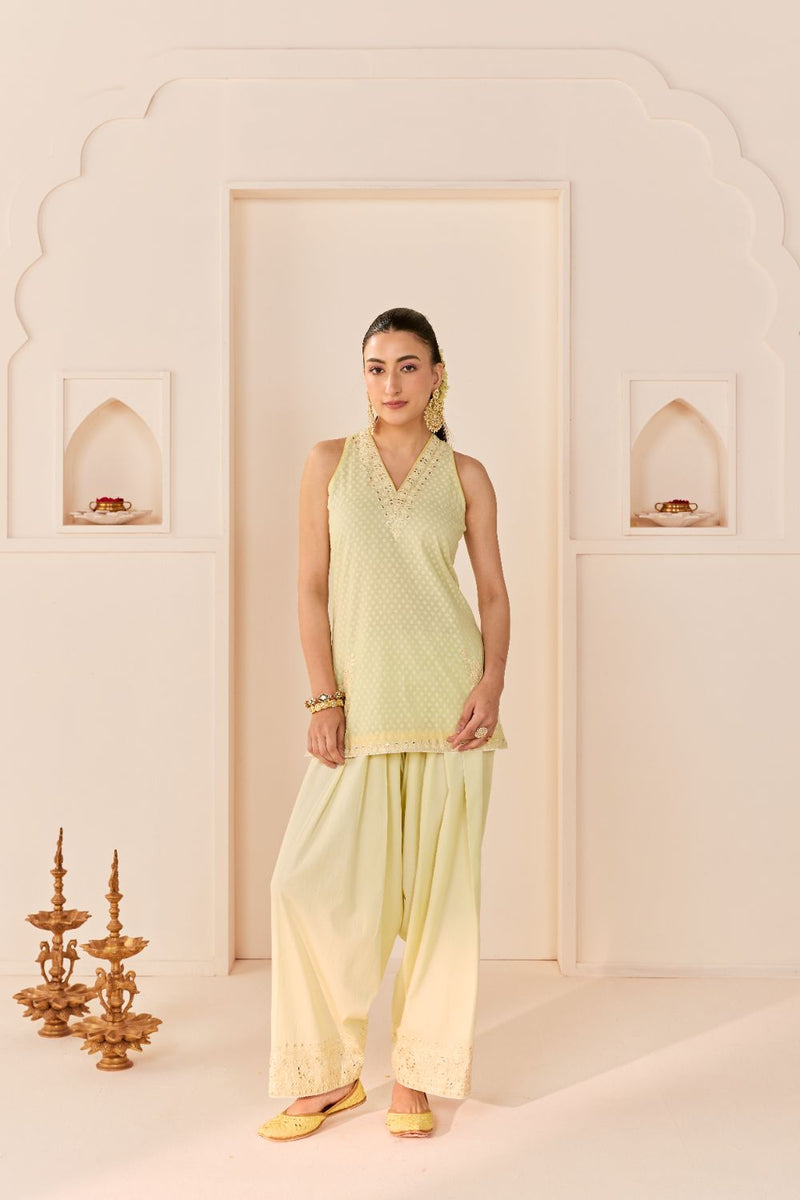 MIRAL - MINT GREEN SHORT KURTA WITH FARSI SALWAR chanderi silk kurta/kurta set by SHEETAL BATRA in mint green with lemon yellow for women Worldwide