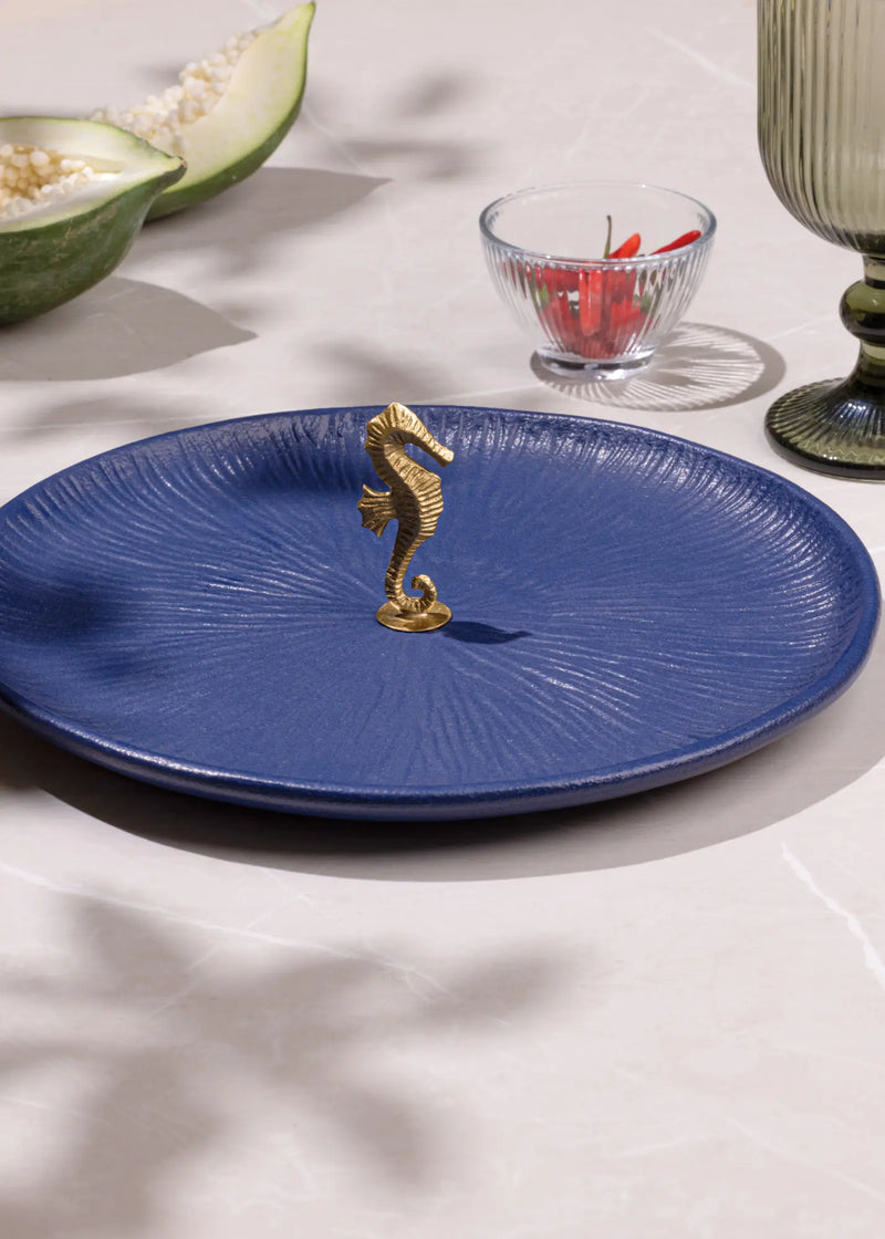 Mirissa Brass & Ceramic Platter - Blue linen by Gado Living for Worldwide