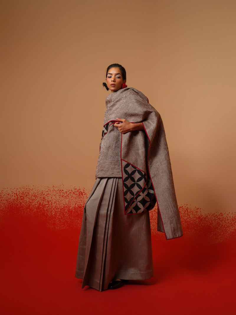 Mist Scarf-Grey + Black + Red mysore silk scarf by Stoique in grey, black, red for women Worldwide