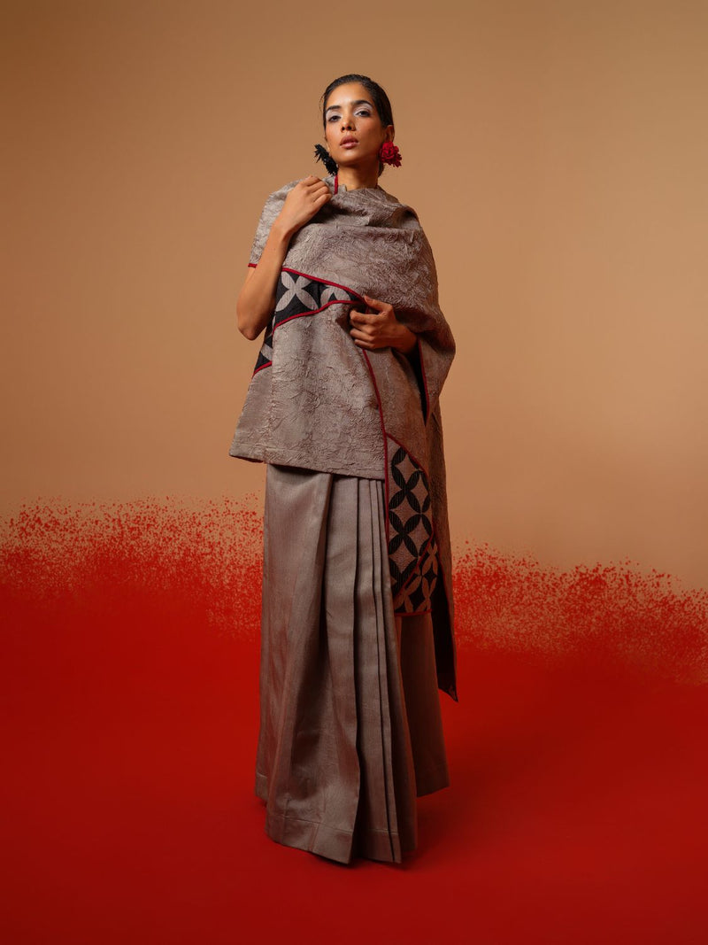 Mist Scarf-Grey + Black + Red mysore silk scarf by Stoique in grey, black, red for women Worldwide