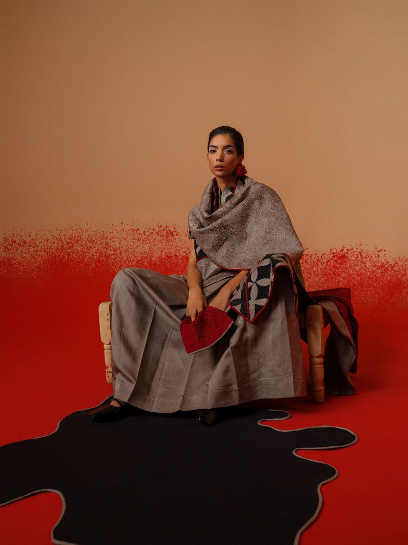 Mist Scarf-Grey + Black + Red mysore silk scarf by Stoique in grey, black, red for women Worldwide