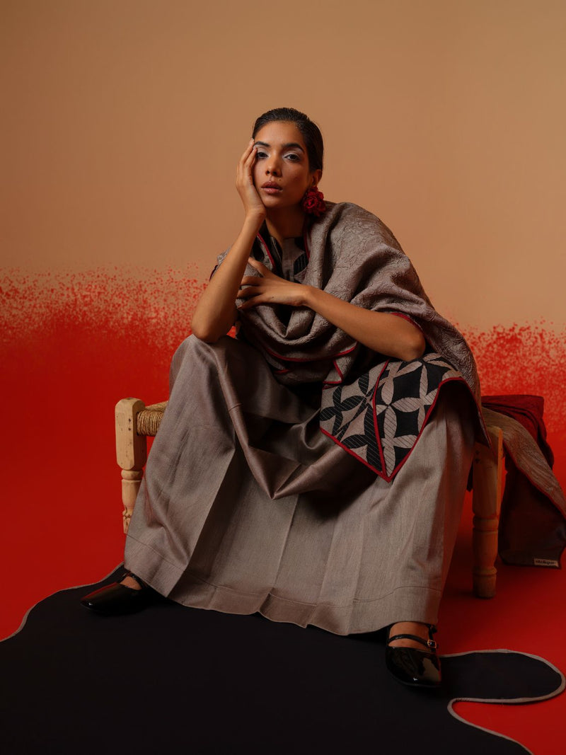 Mist Scarf-Grey + Black + Red mysore silk scarf by Stoique in grey, black, red for women Worldwide