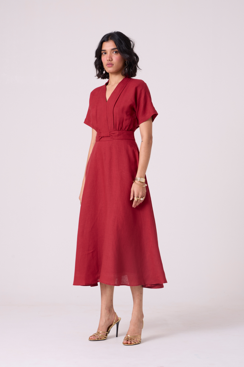 Miyake Red Linen Dress all linen by The Summer House in red color for women Worldwide