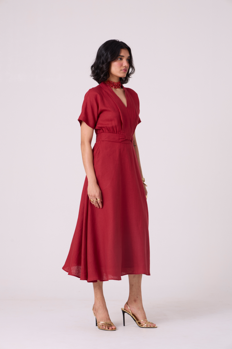 Miyake Red Linen Dress all linen by The Summer House in red color for women Worldwide