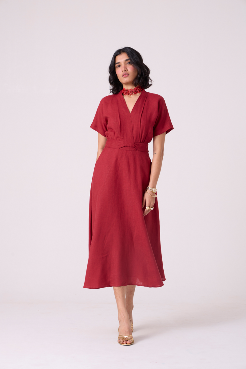 Miyake Red Linen Dress all linen by The Summer House in red color for women Worldwide