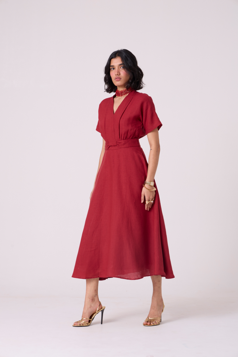 Miyake Red Linen Dress all linen by The Summer House in red color for women Worldwide