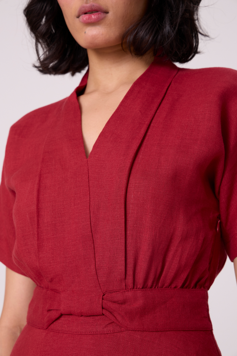 Miyake Red Linen Dress all linen by The Summer House in red color for women Worldwide