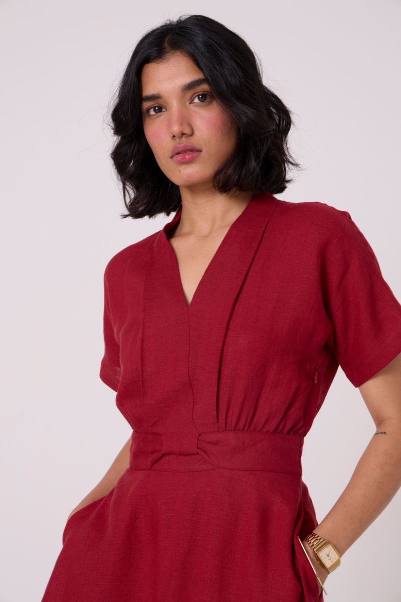 Miyake Red Linen Dress all linen by The Summer House in red color for women Worldwide